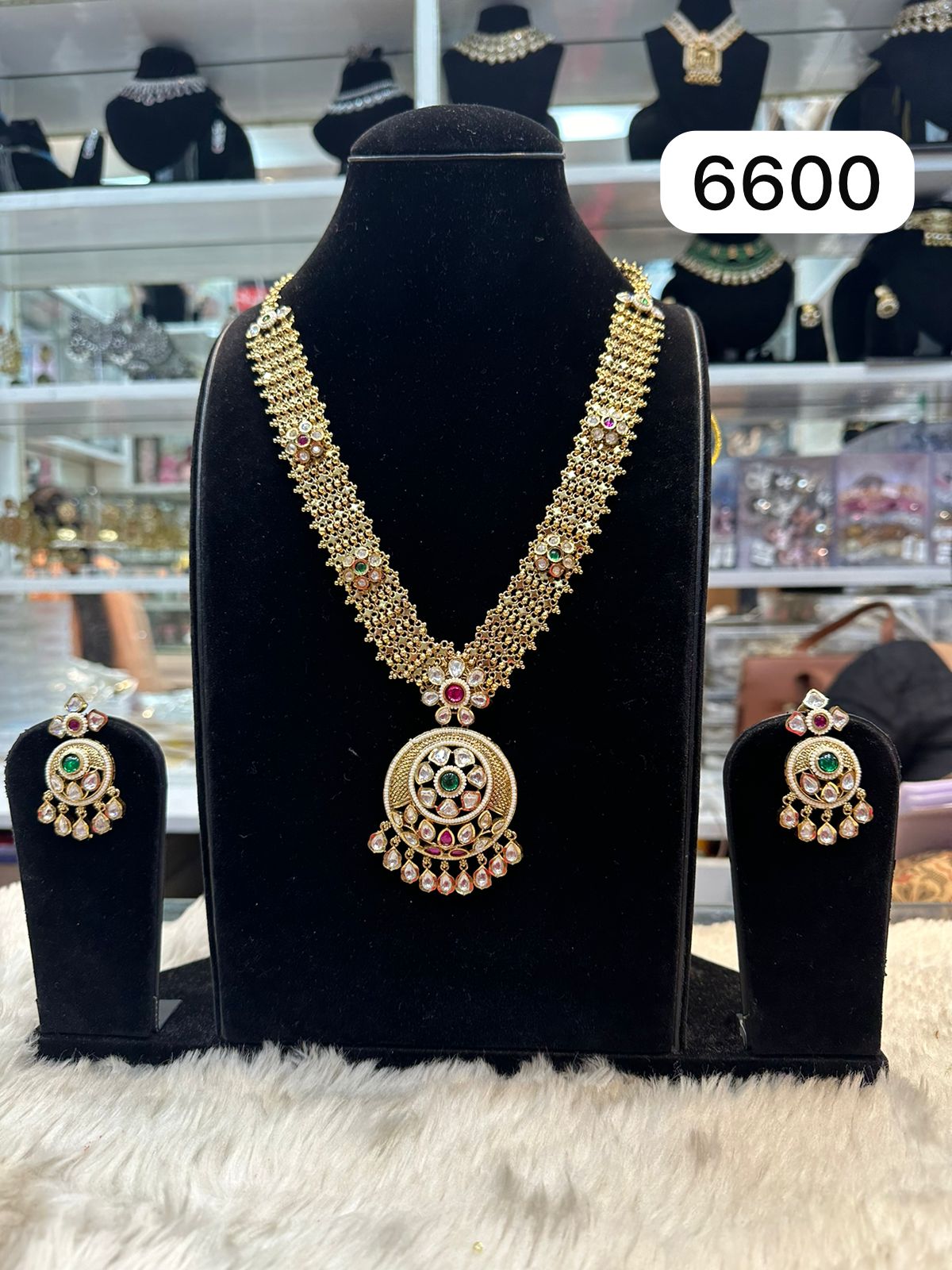 Real Finish Kundan Pendant Set – Tanish Golden Polish & Green Stonework