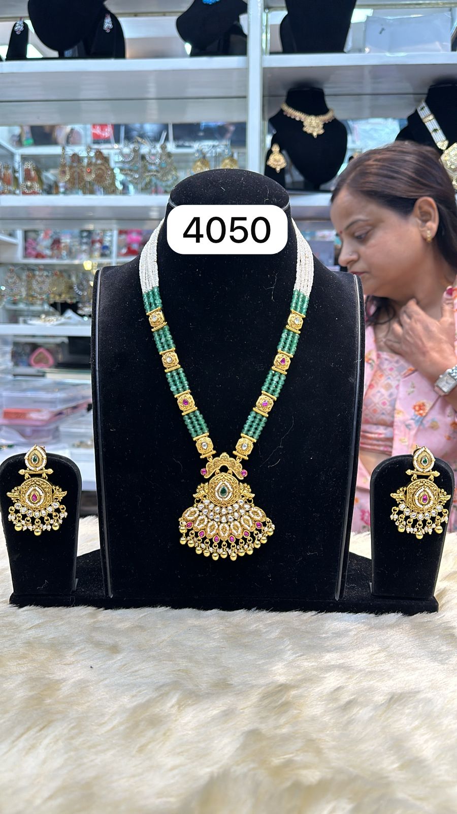 Real Finish Golden Mint Green Pendant Jewellery Set