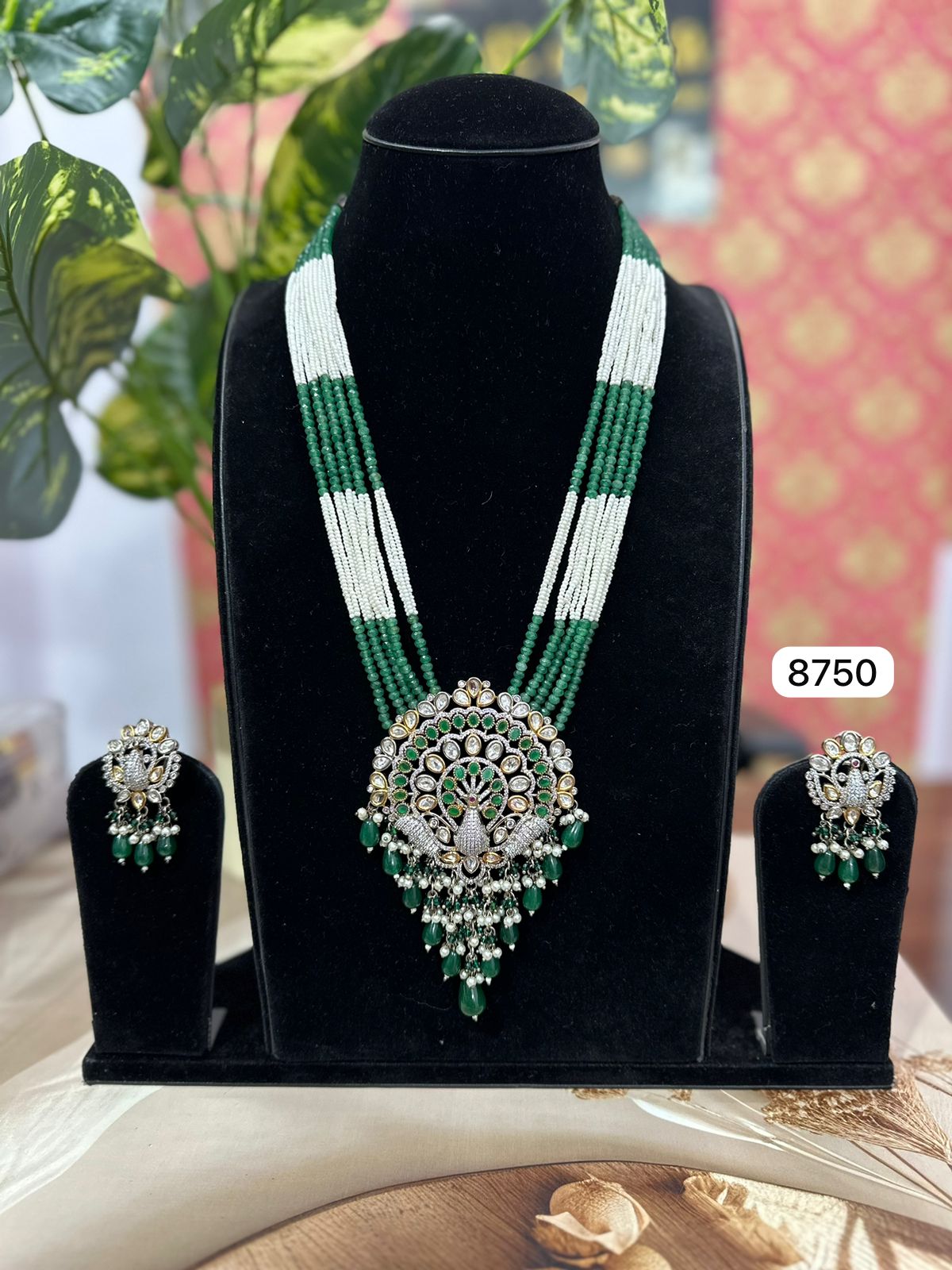 Peacock Design Green White Pendant Set – Real Diamond Look
