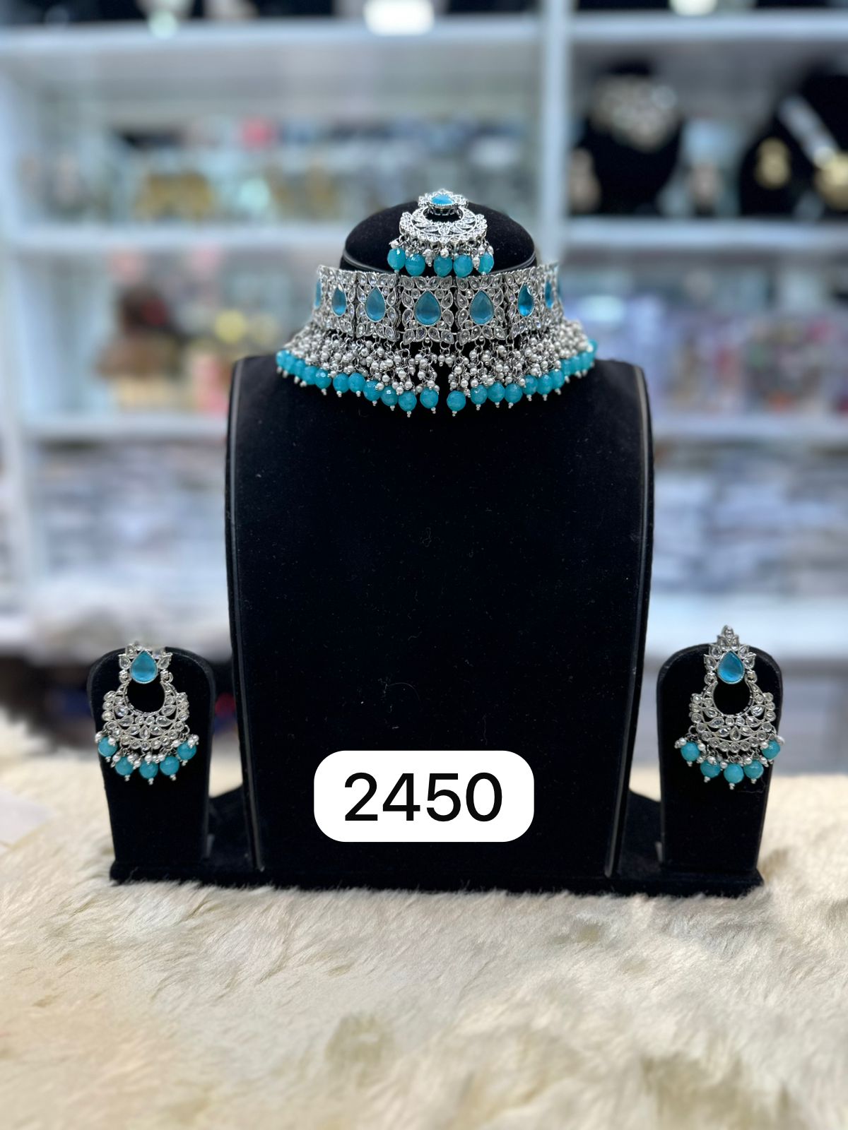 Real look silver polki sky-blue set