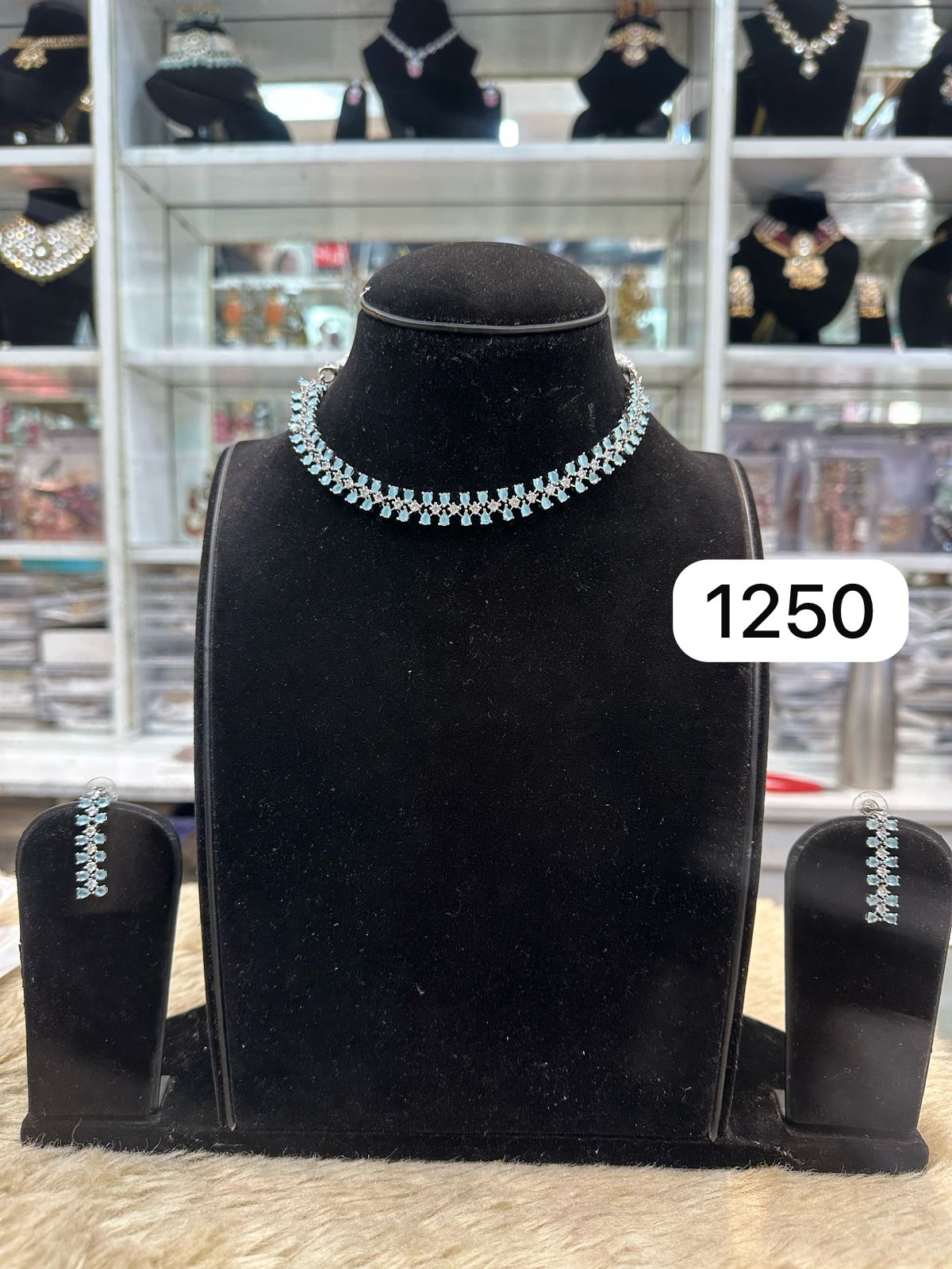 Diamond Look Light Blue Neckline Set – American Diamond Finish
