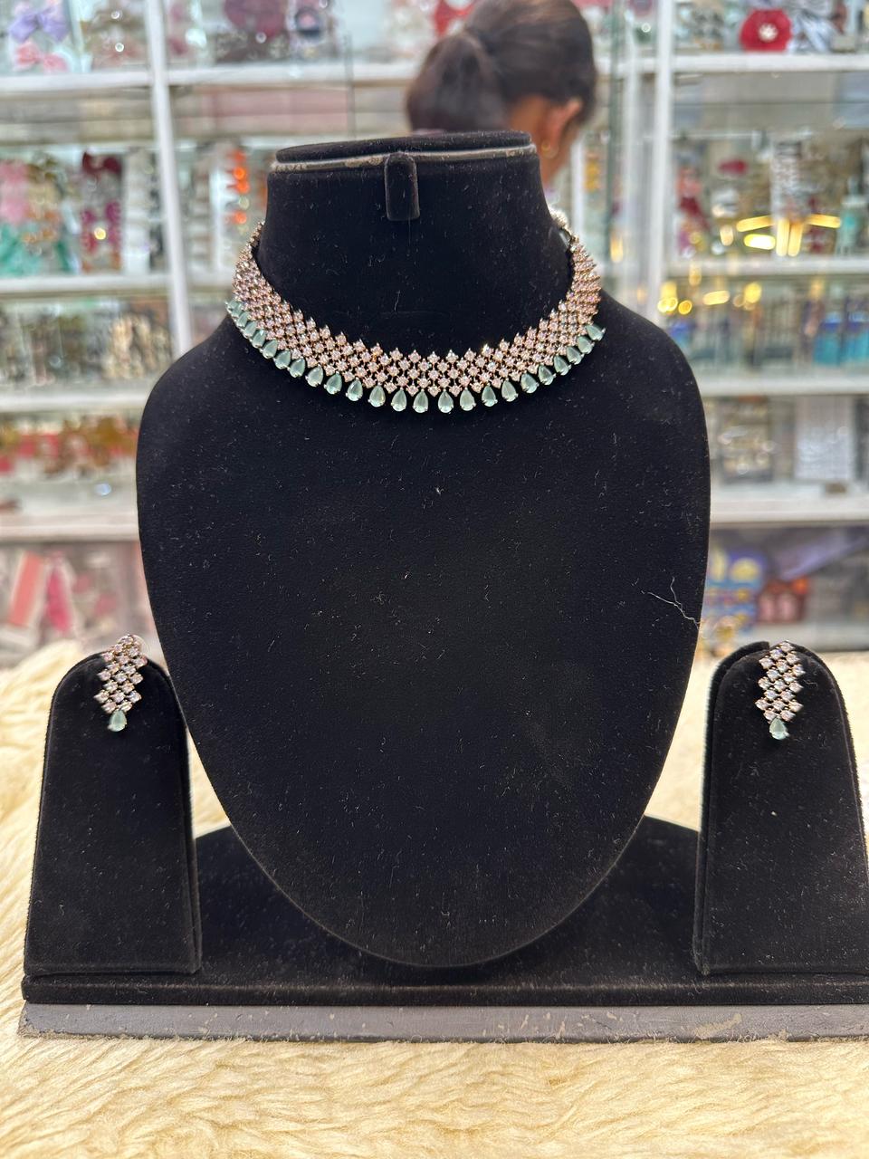 Blackish Diamond Look Necklace Set – With mint green Elegance
