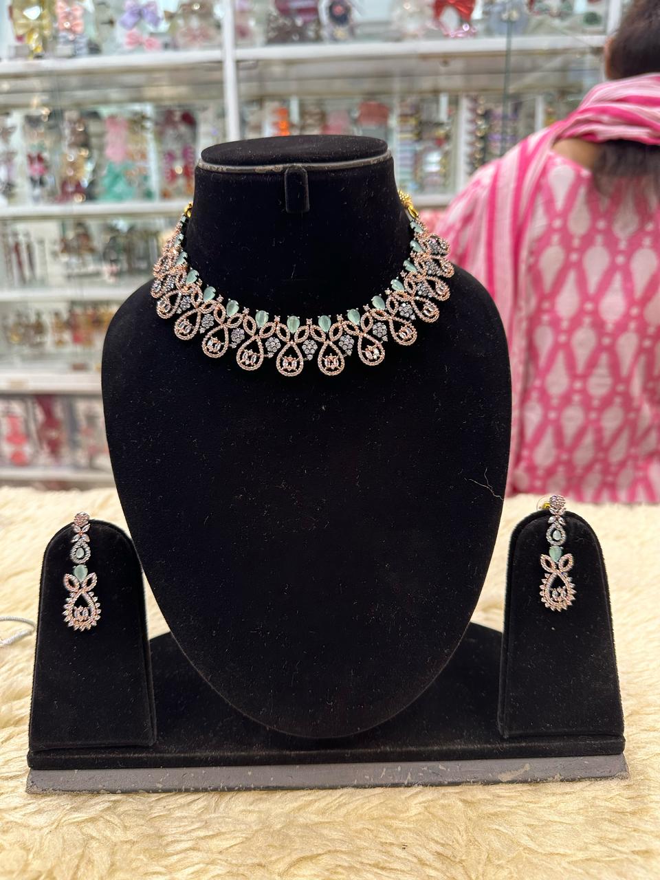 Blackish Diamond Look Necklace Set – With mint green Elegance