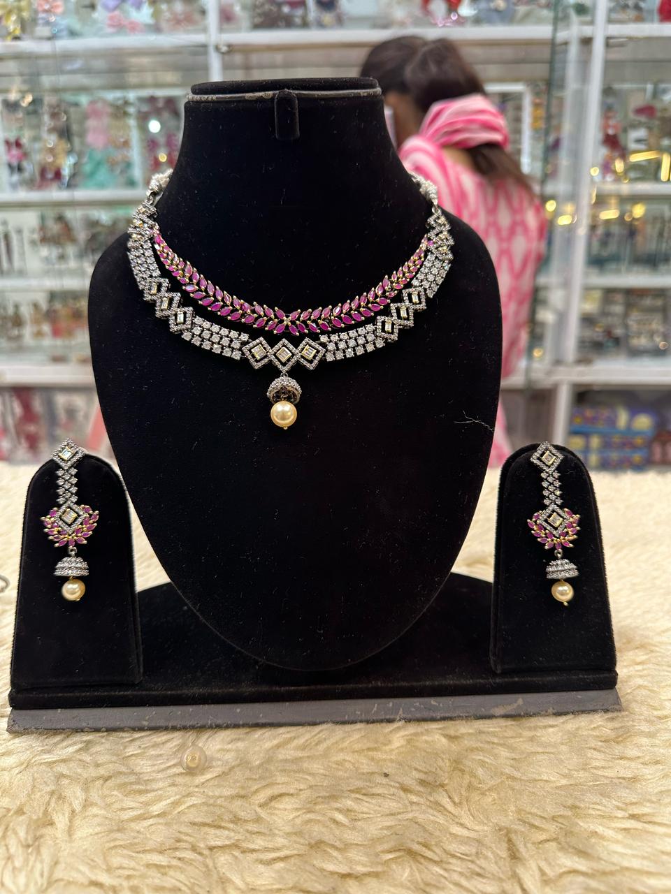 Blackish Diamond Look Necklace Set – With Ruby Red Elegance