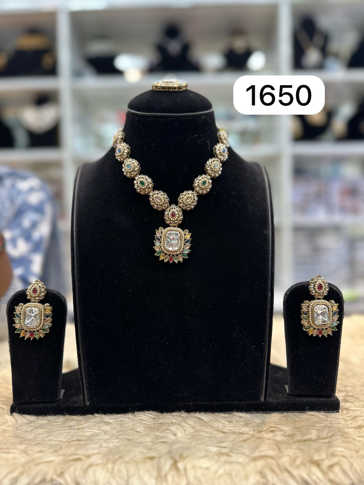 Traditional Golden Kundan Polki Set with Multicolor Stones