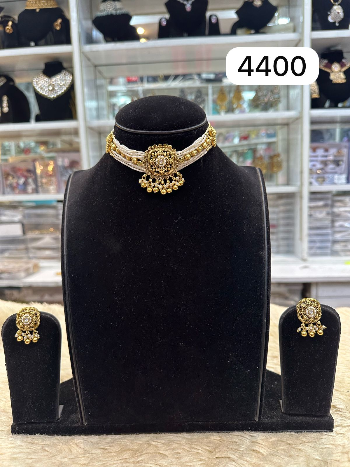 Real Look Golden Choker with Classic Pearl Work