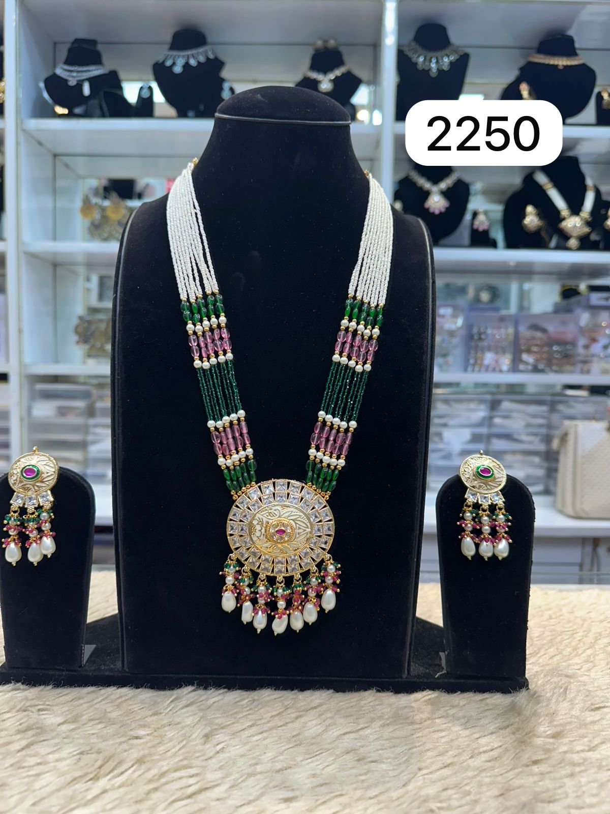 Kundan Style Ruby Green Pendant Set
