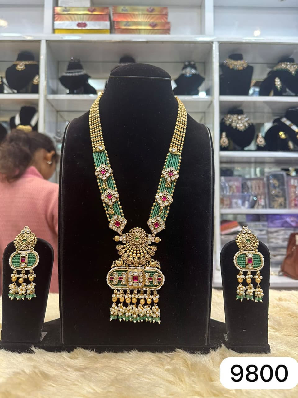 Real Finish Golden Mint Green Pendant Jewellery Set