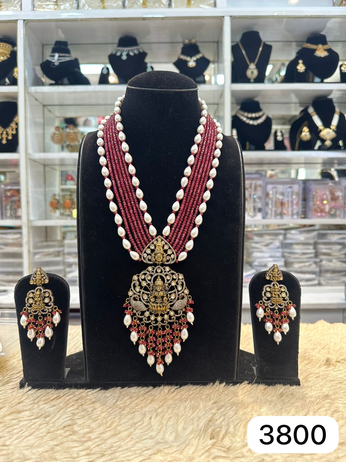 Pink Moti Pendant – Temple Design with Moissanite Sparkle, Real Look