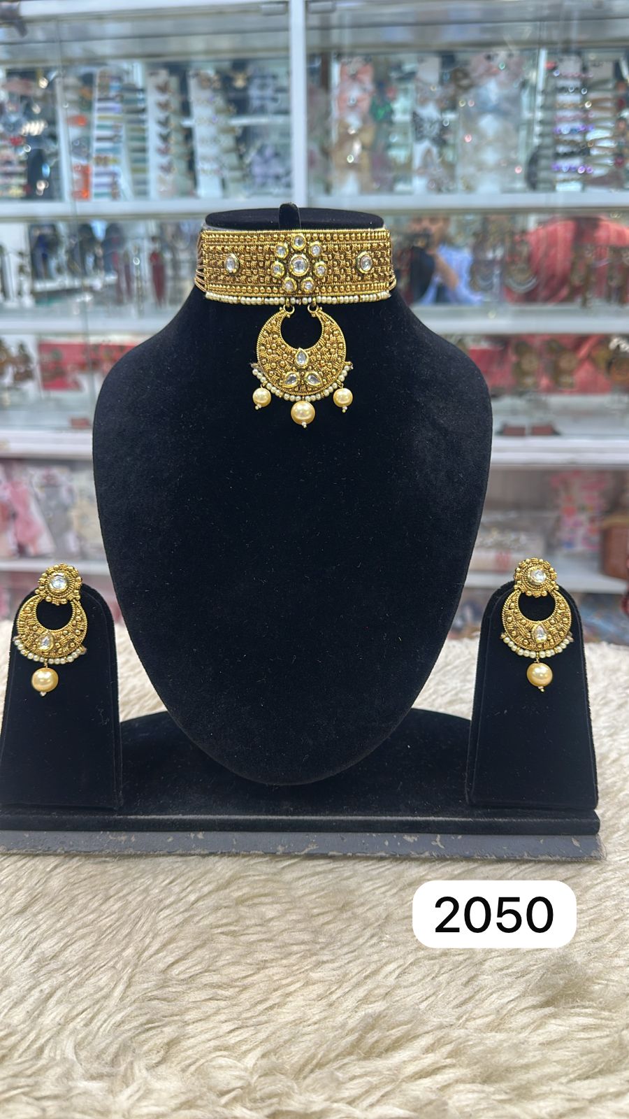Real Look Golden Kundan Choker Set – Green & Ruby Stone Work