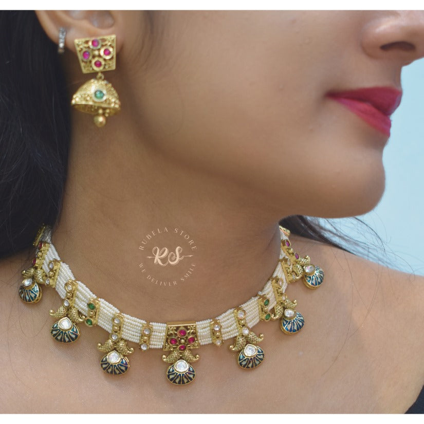 Traditional Pearl Set with Meena Kari – Real Gold Look