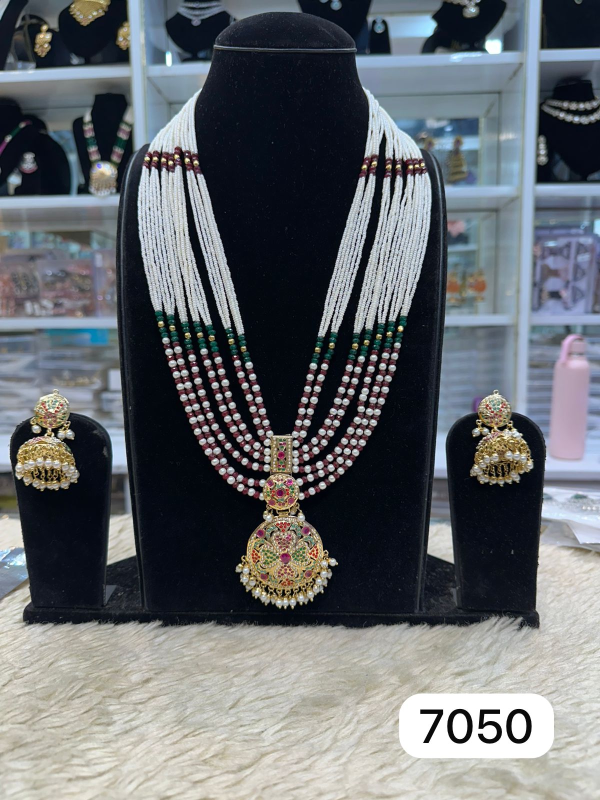 Real Look Toda Style Set – Jadau Work with Ruby, Green & White Pearls