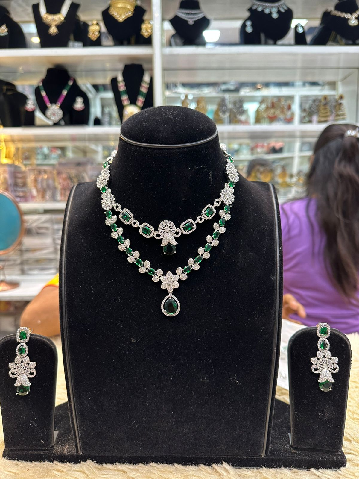 Emerald Green Double Layer Necklace – Real Diamond Finish Look