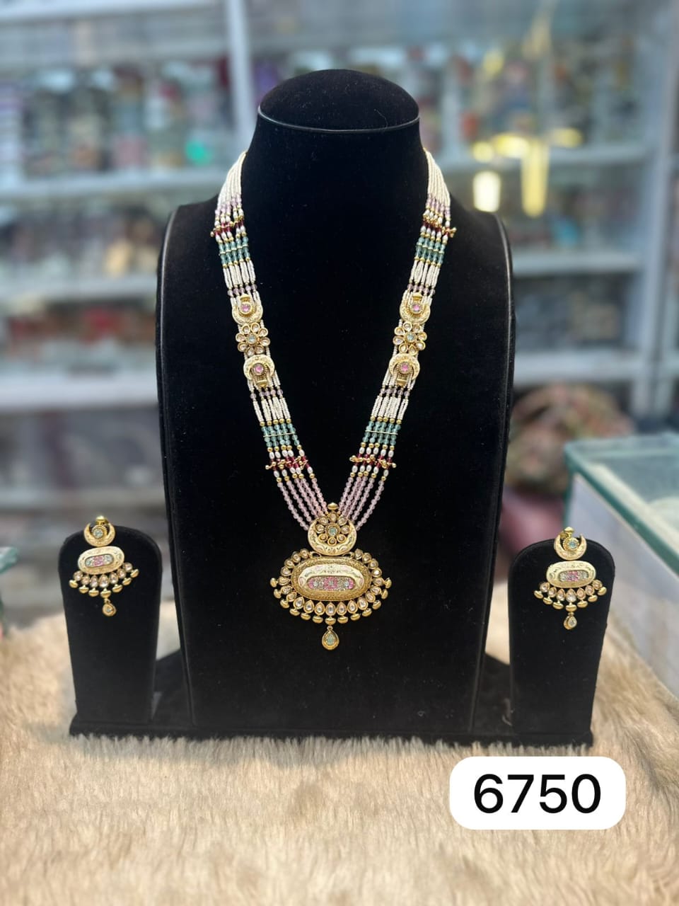 Pastel Pink Green Kundan Pendant Set – Gold Look