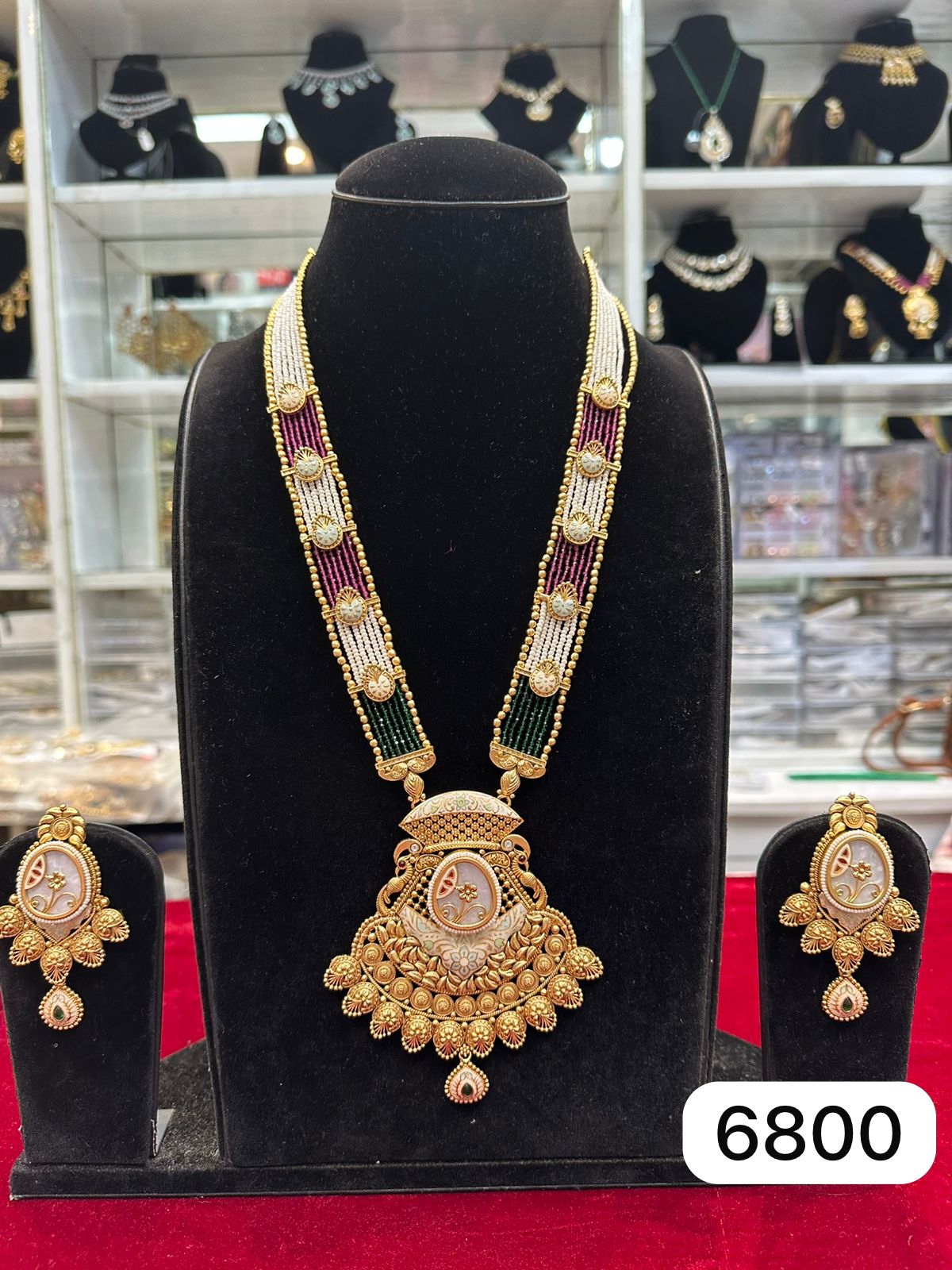 Real Look Heavy Green Moti Ruby Pendant Set