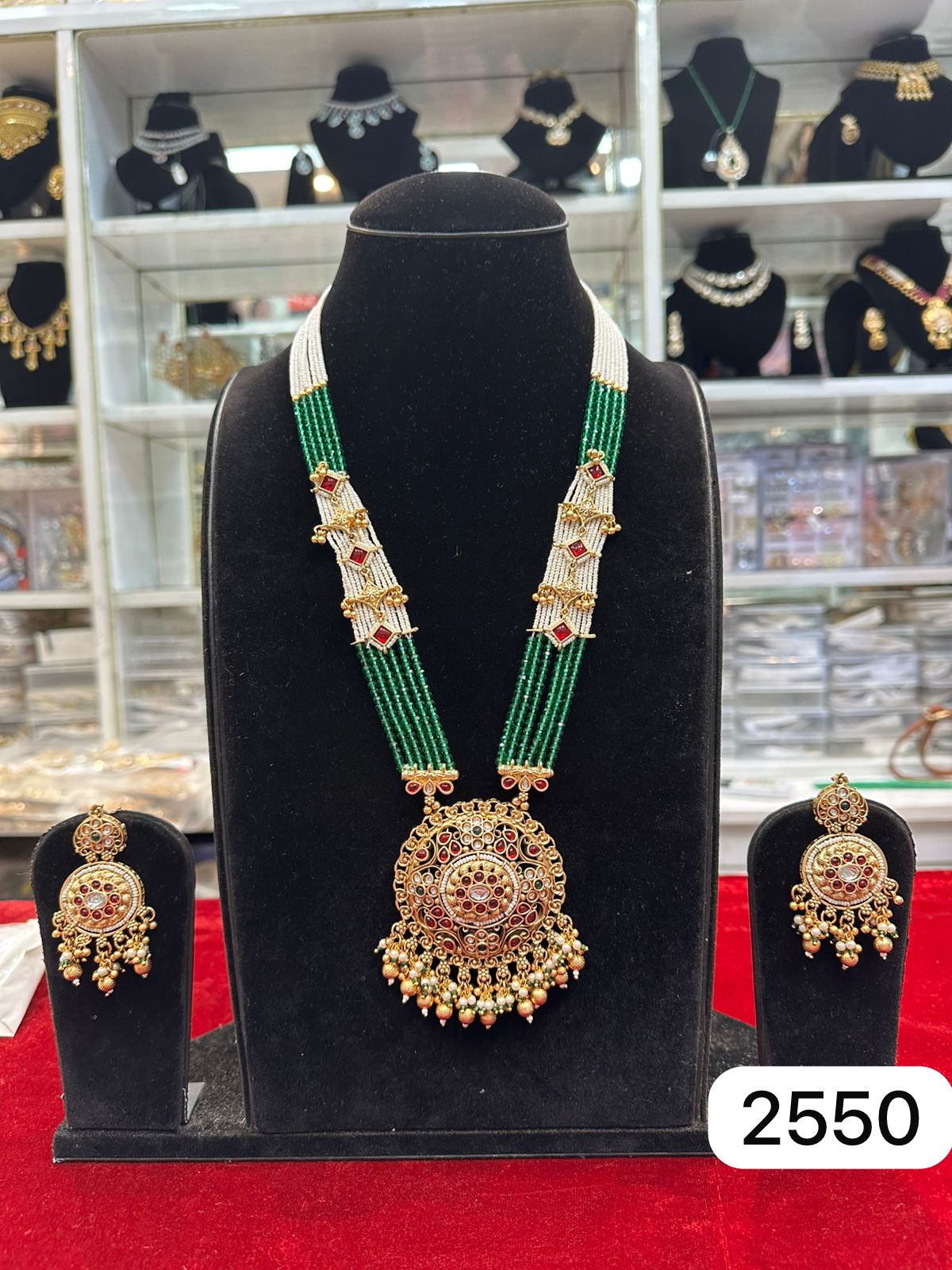Real Look Golden Green Moti Pendant Set