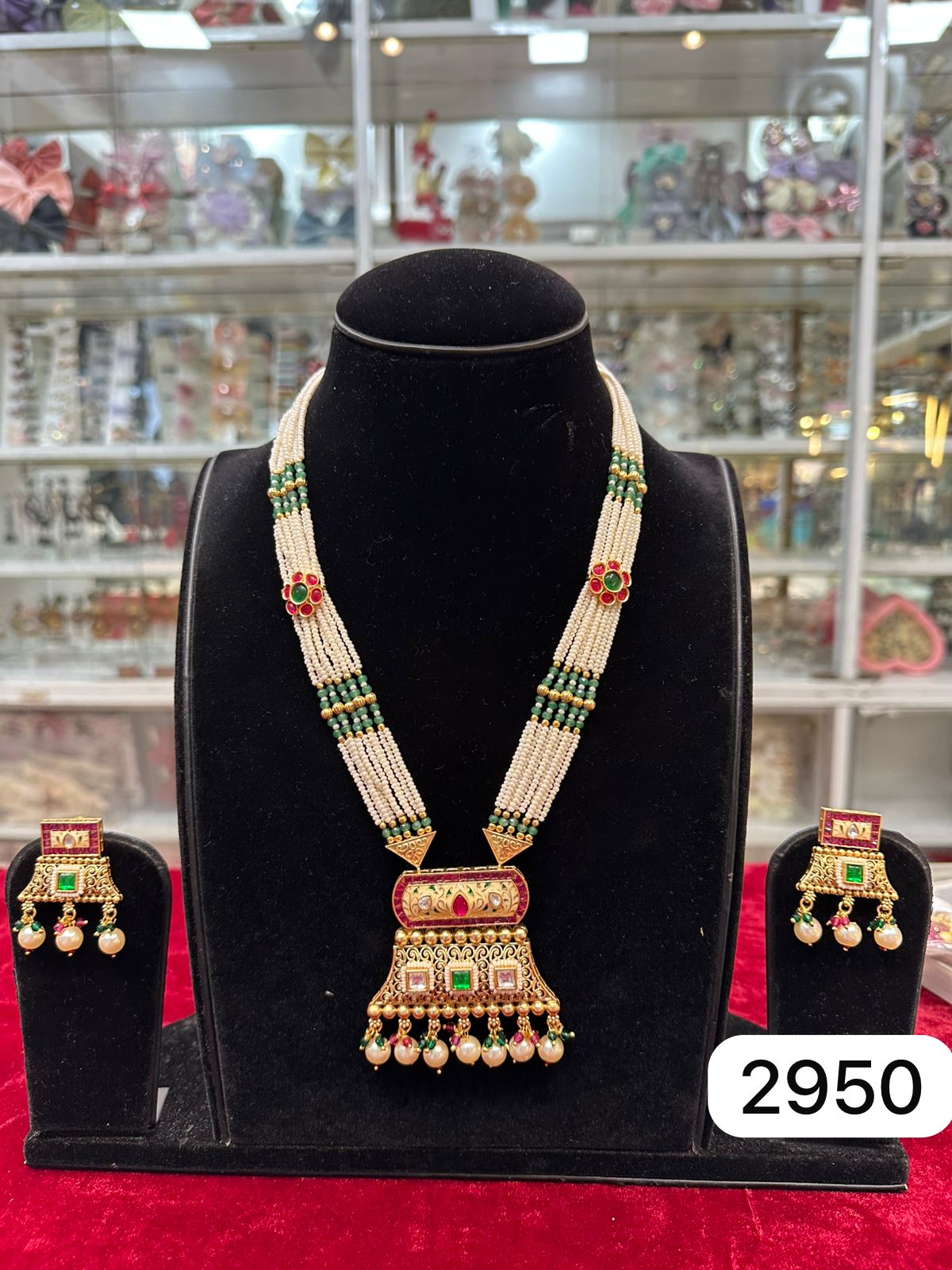 Designer Meena Kari Set – Real Look with Ruby & Green Stones