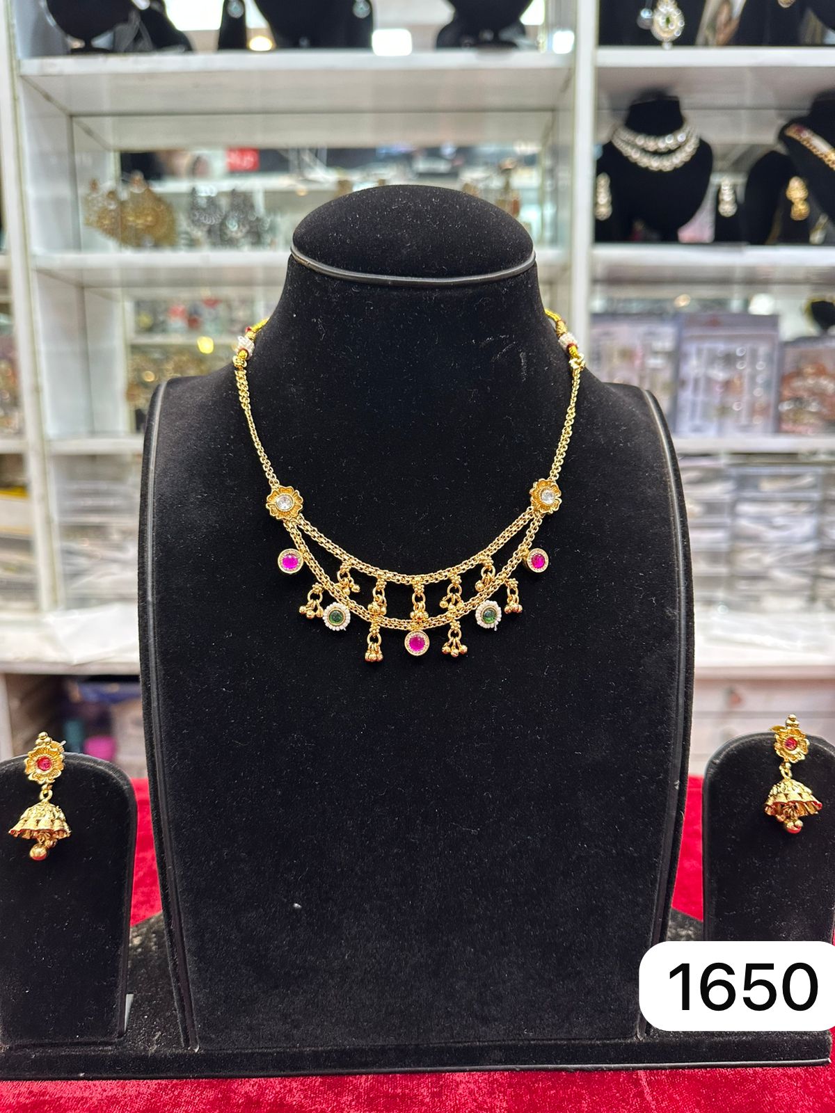 Double Layer Gold Chain Set – Green Ruby Look