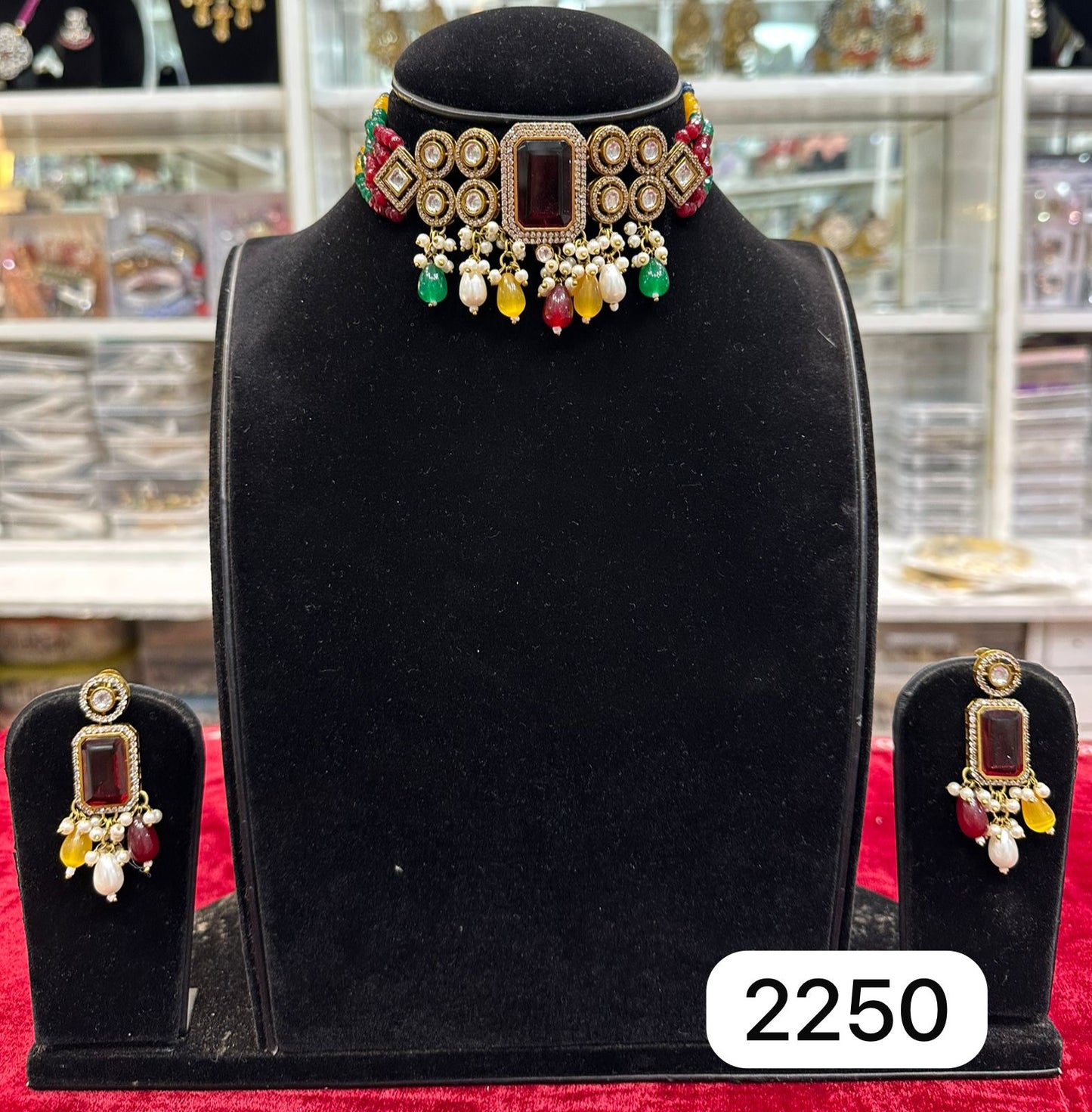 Green Ruby Moti Moissanite Tablet Stone Necklace Set