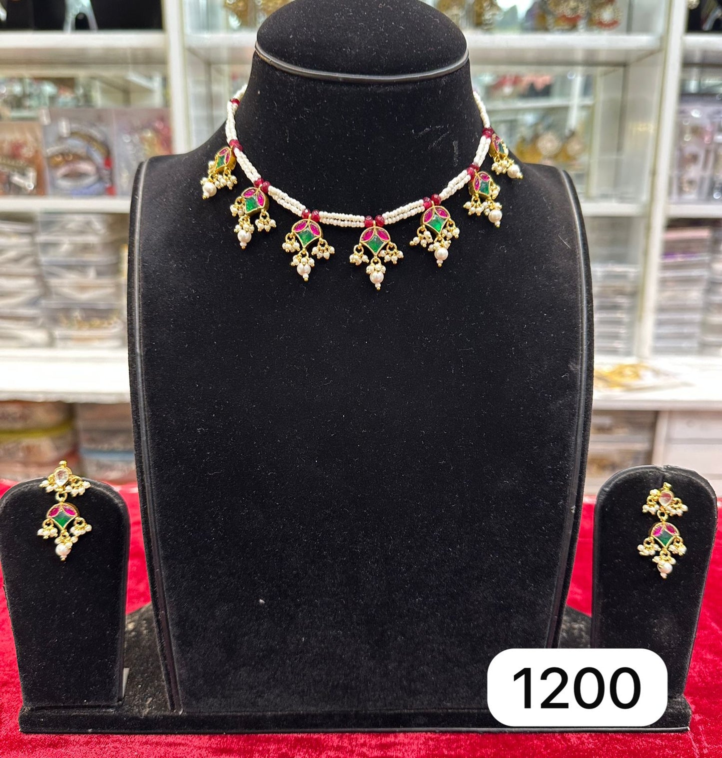 Hyderabadi Kundan Silk Necklace Set – Green & Ruby Colour