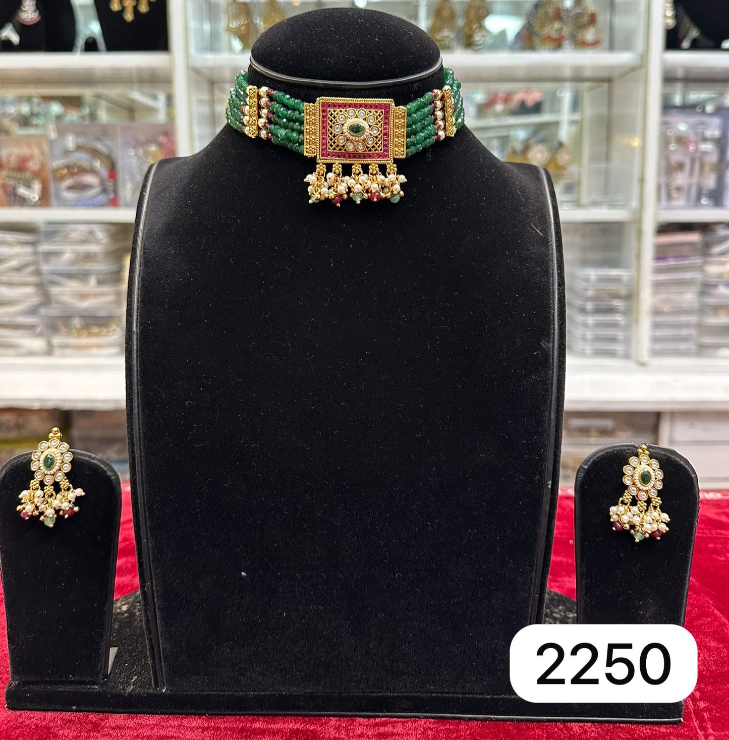 Real Look Golden Green Moti Choker Set