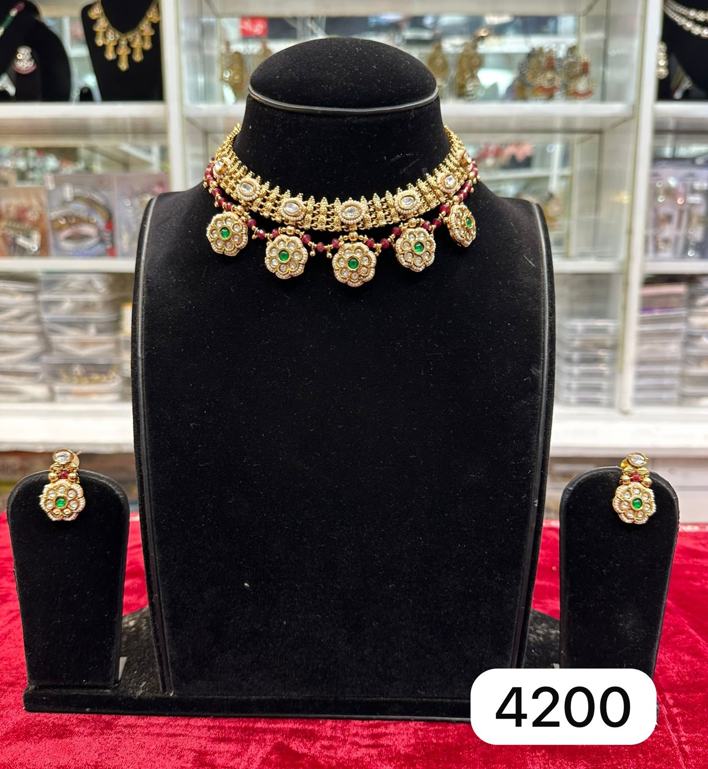 Real Look Gold Kundan Short Necklace Set – Green & Ruby Stones