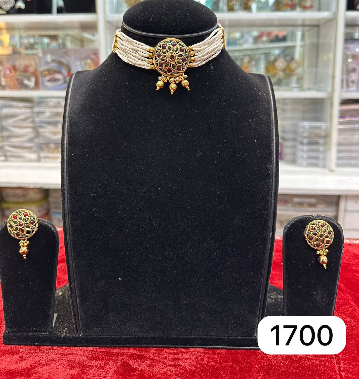 Real Look Gold White Moti Choker Set – Green & Ruby Colour