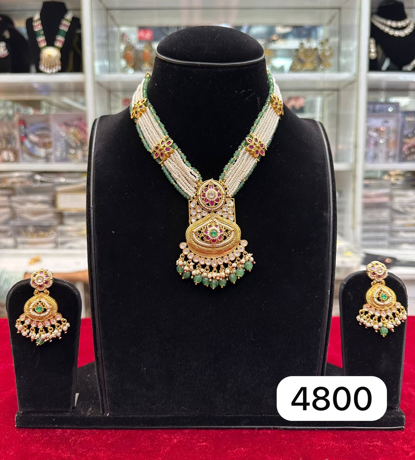 Real Look Gold White Moti Set – Green & Ruby Colour