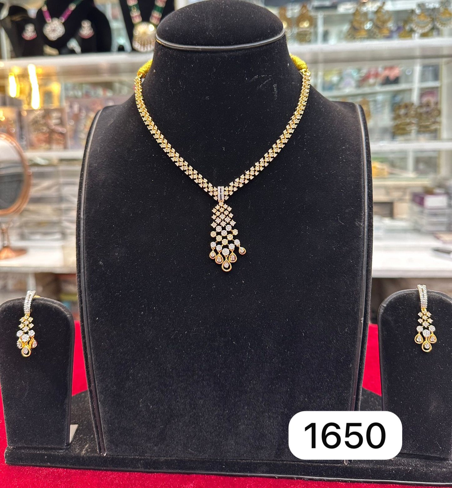 Real Diamond Look Golden AD Necklace Set – Short Style