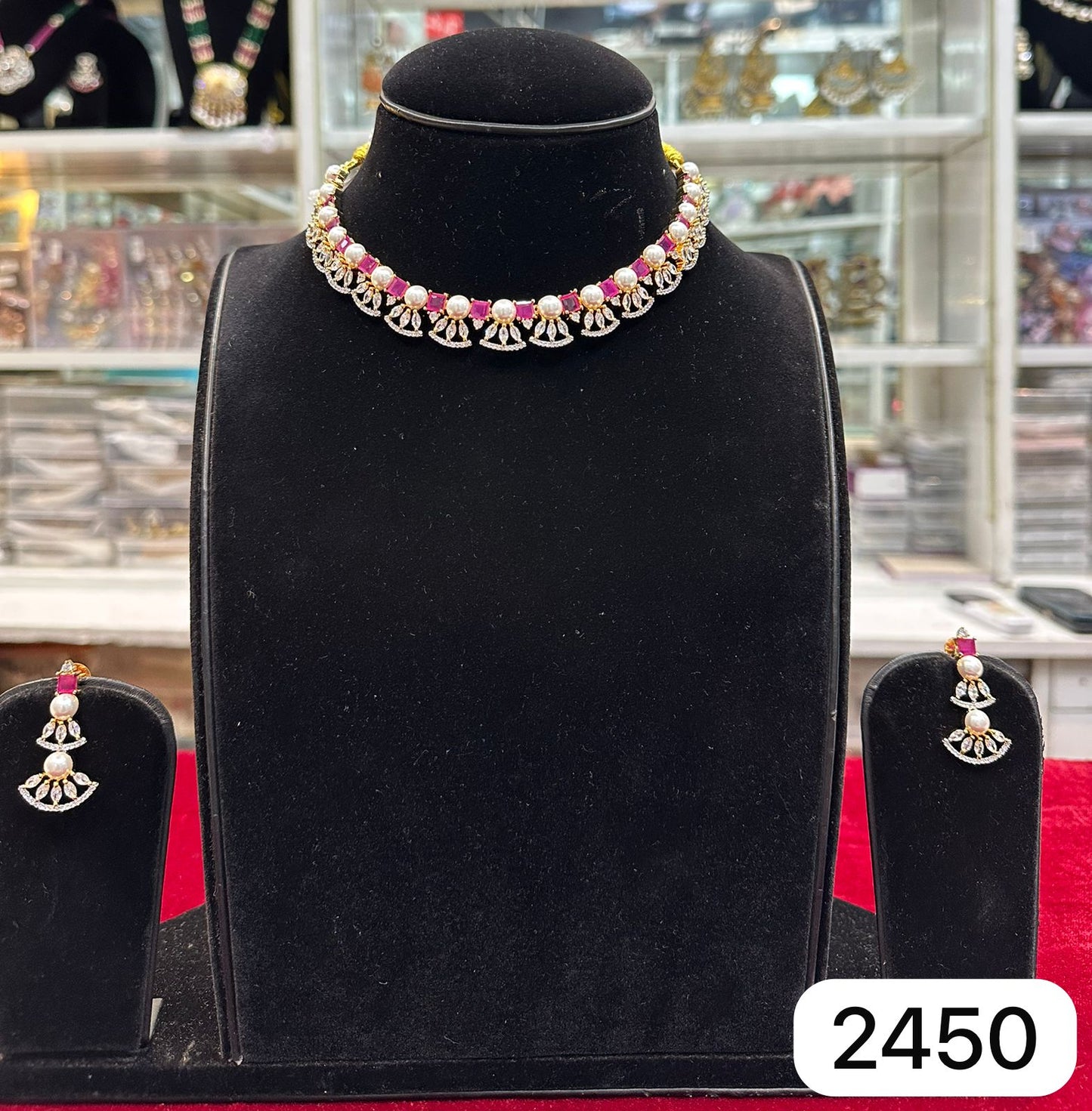 Elegant AD Golden Silk Necklace Set – Ruby Green Stones, Short Style
