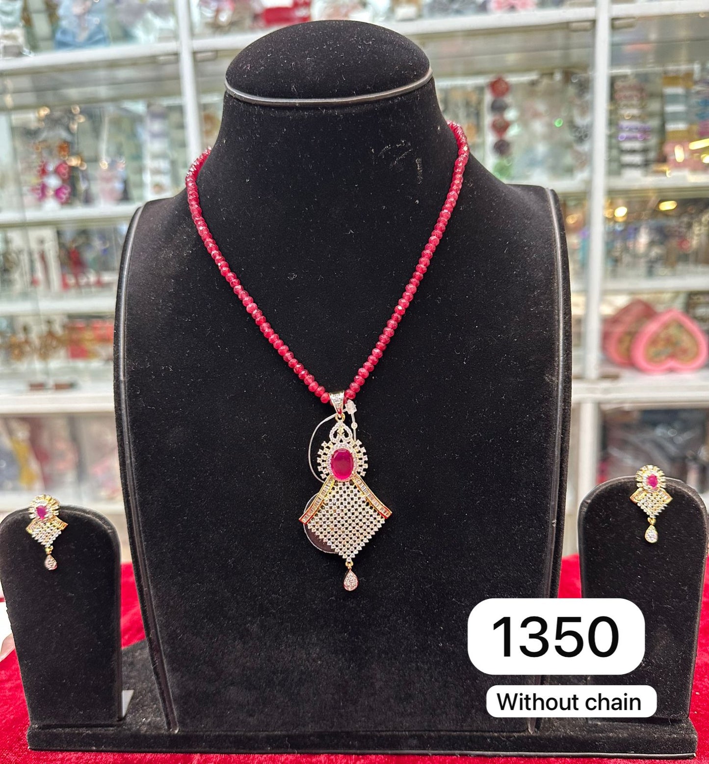 Elegant AD Diamond Golden Pendant with Chain ruby green colour