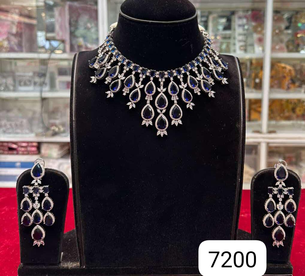 Grand Diamond Look Blue Heavy Necklace Set