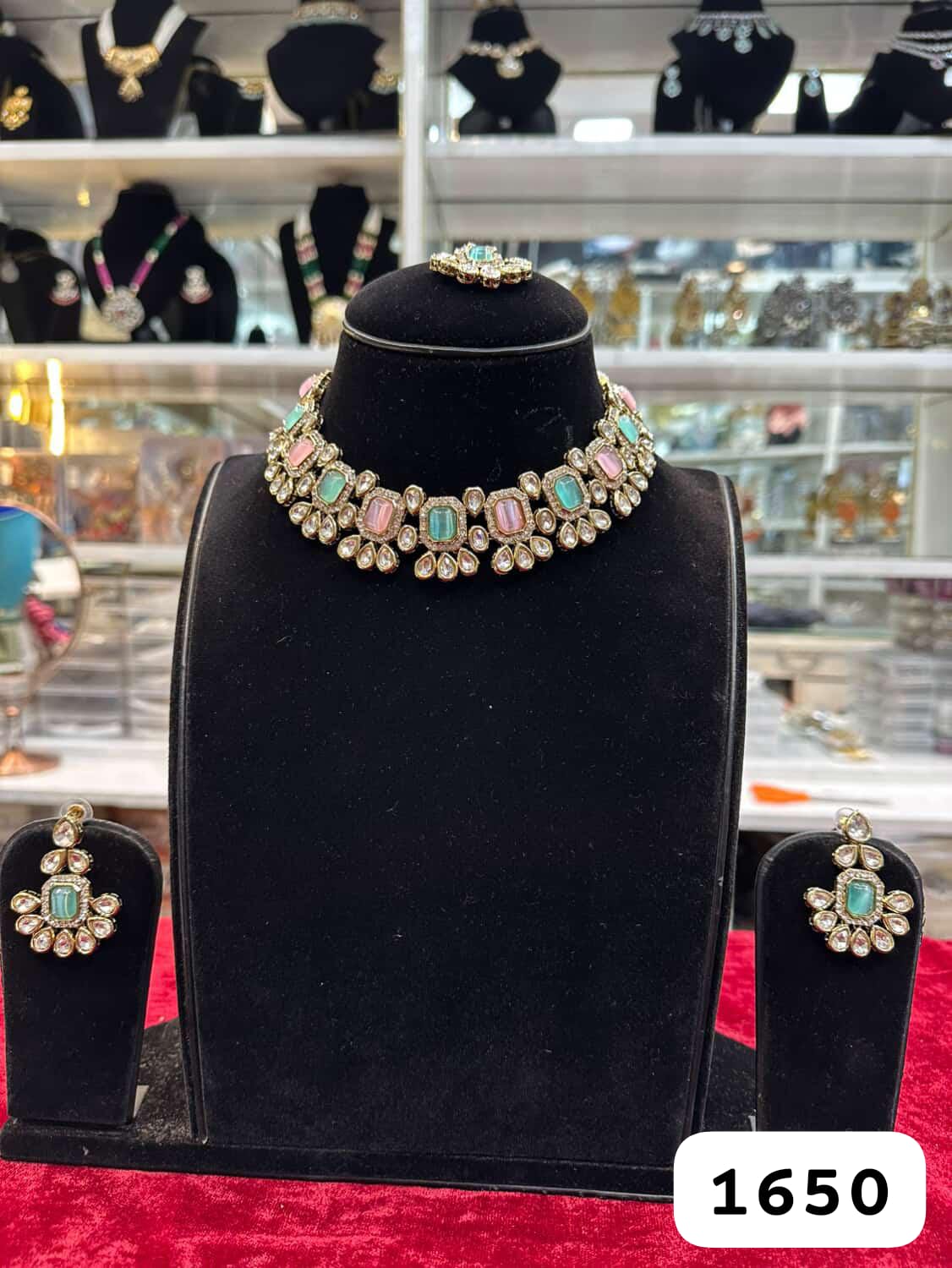 Dual Tone Kundan Green Pink Necklace