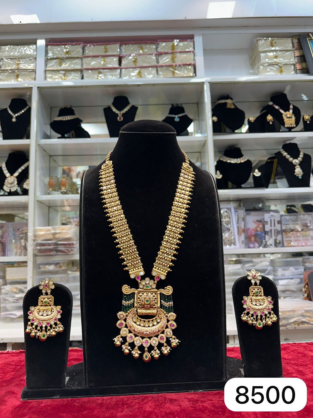 Royal Real Look Golden Meenakari Green Pearl Jewellery Set