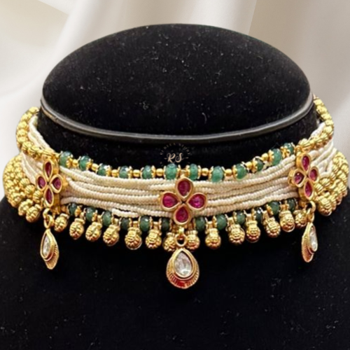 Ruby‑Green Kundan & Pearl Moti Chokers