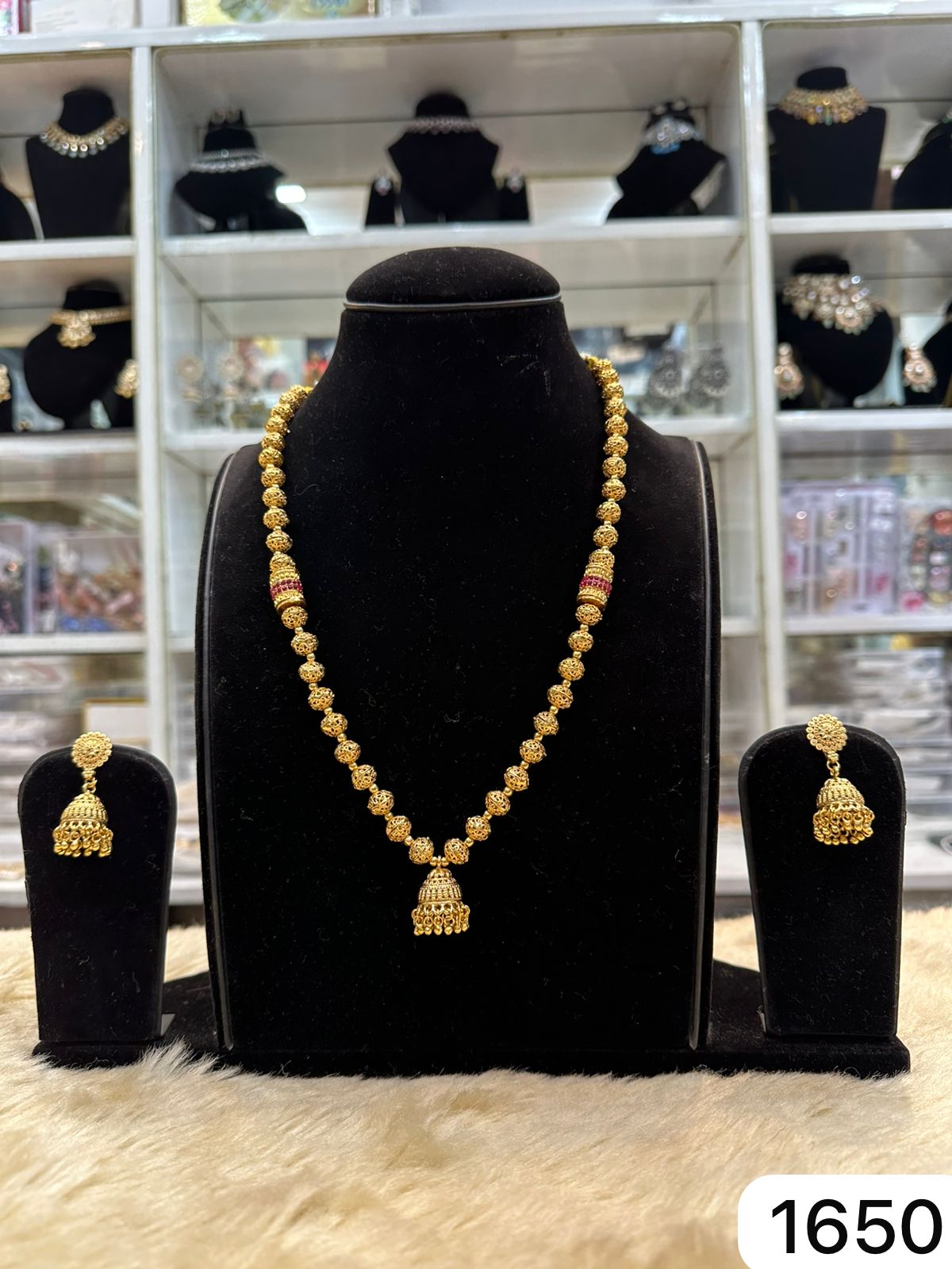 Royal Golden Polki Matar Mala Necklace & Earrings Set