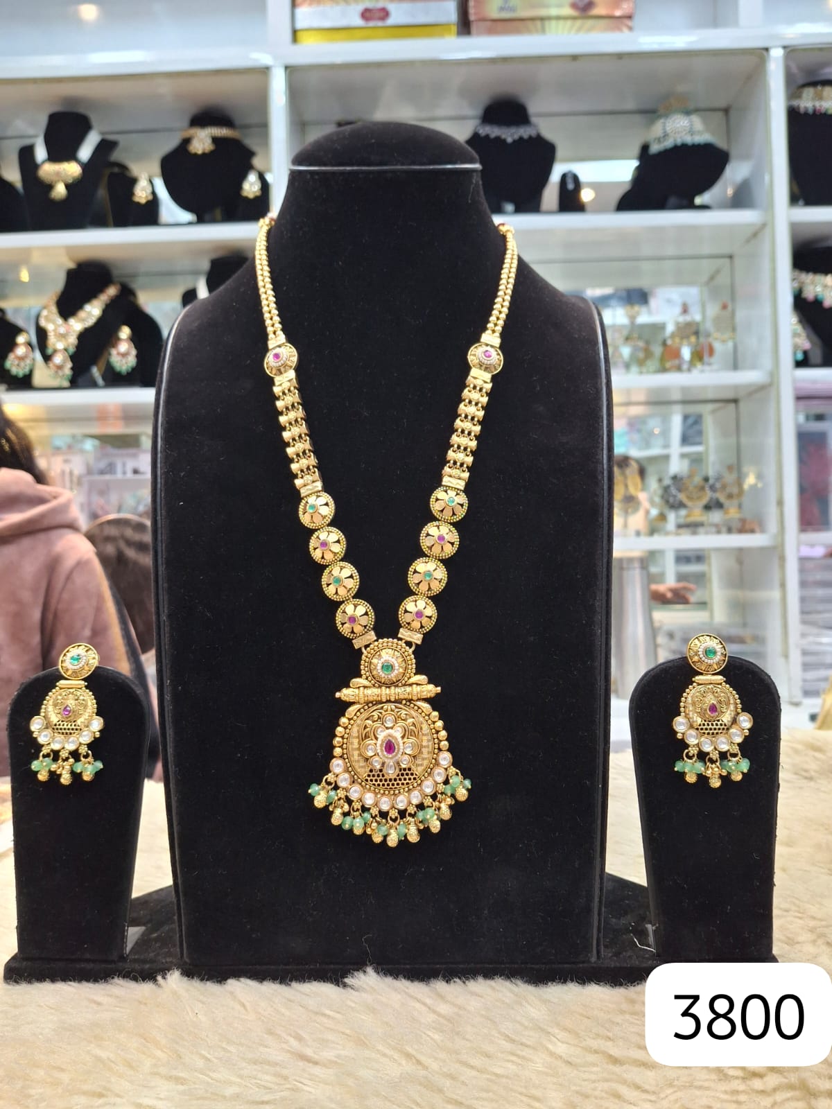 Green Colour Pendant Set in Real Gold  look Finish