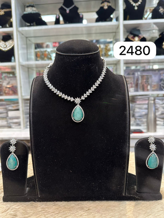 Mint Green Diamond Look Necklace Set
