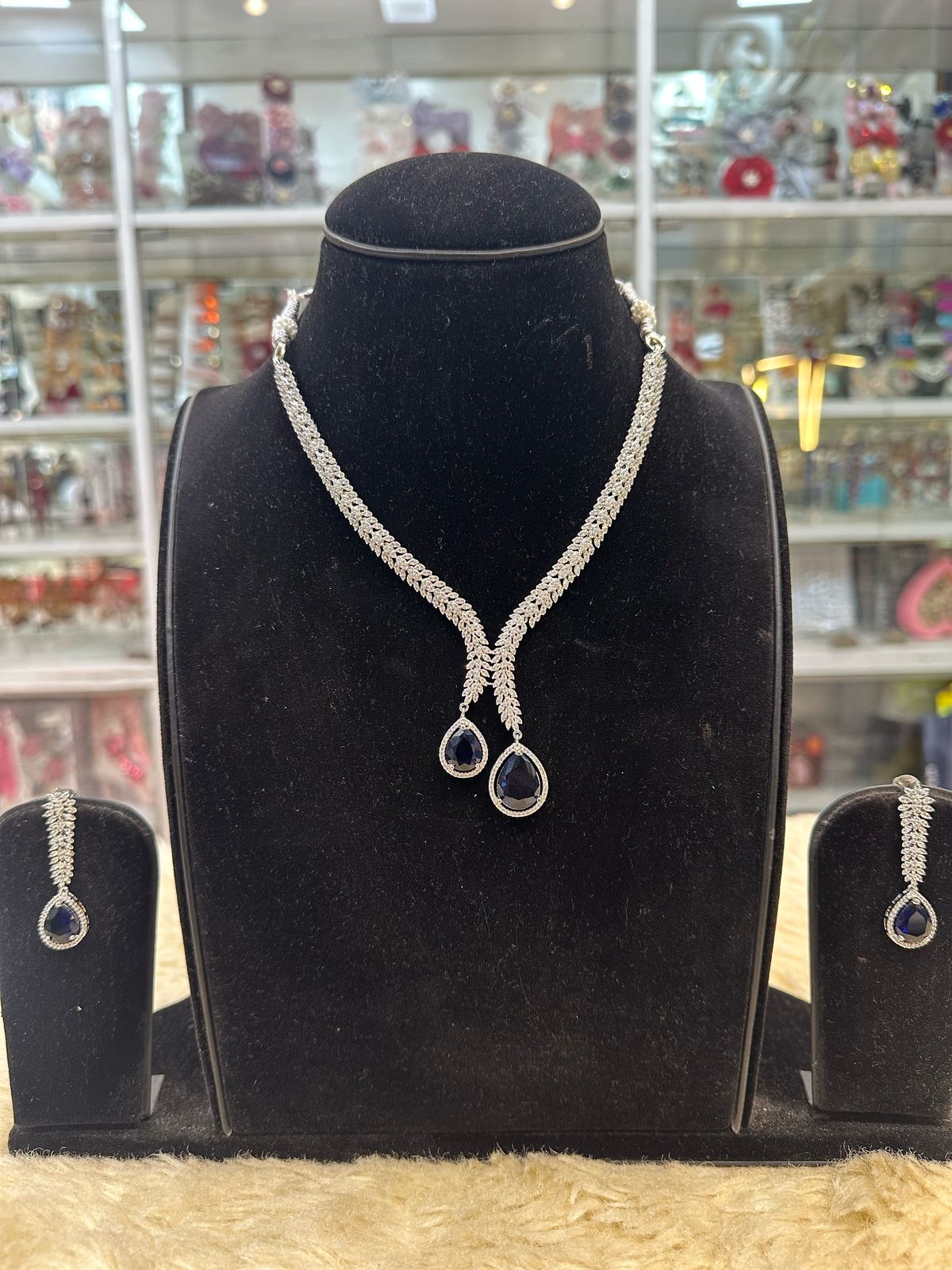 Elegant Blue Stone Diamond Necklace Set – Real Look Finish