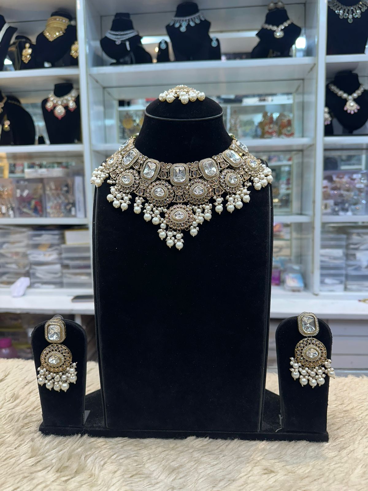 Heavy Polki Necklace Set – Golden Finish for Weddings