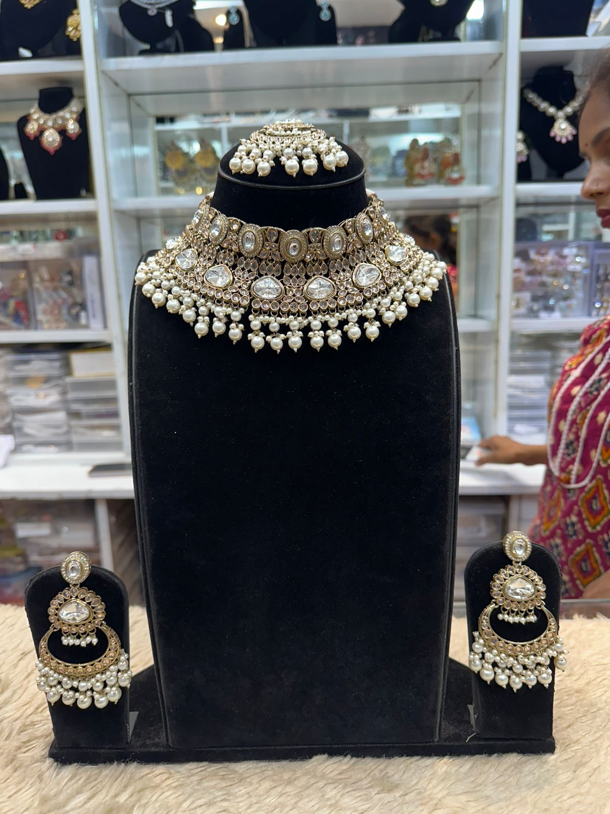 Heavy Polki Necklace Set – Golden Finish for Weddings