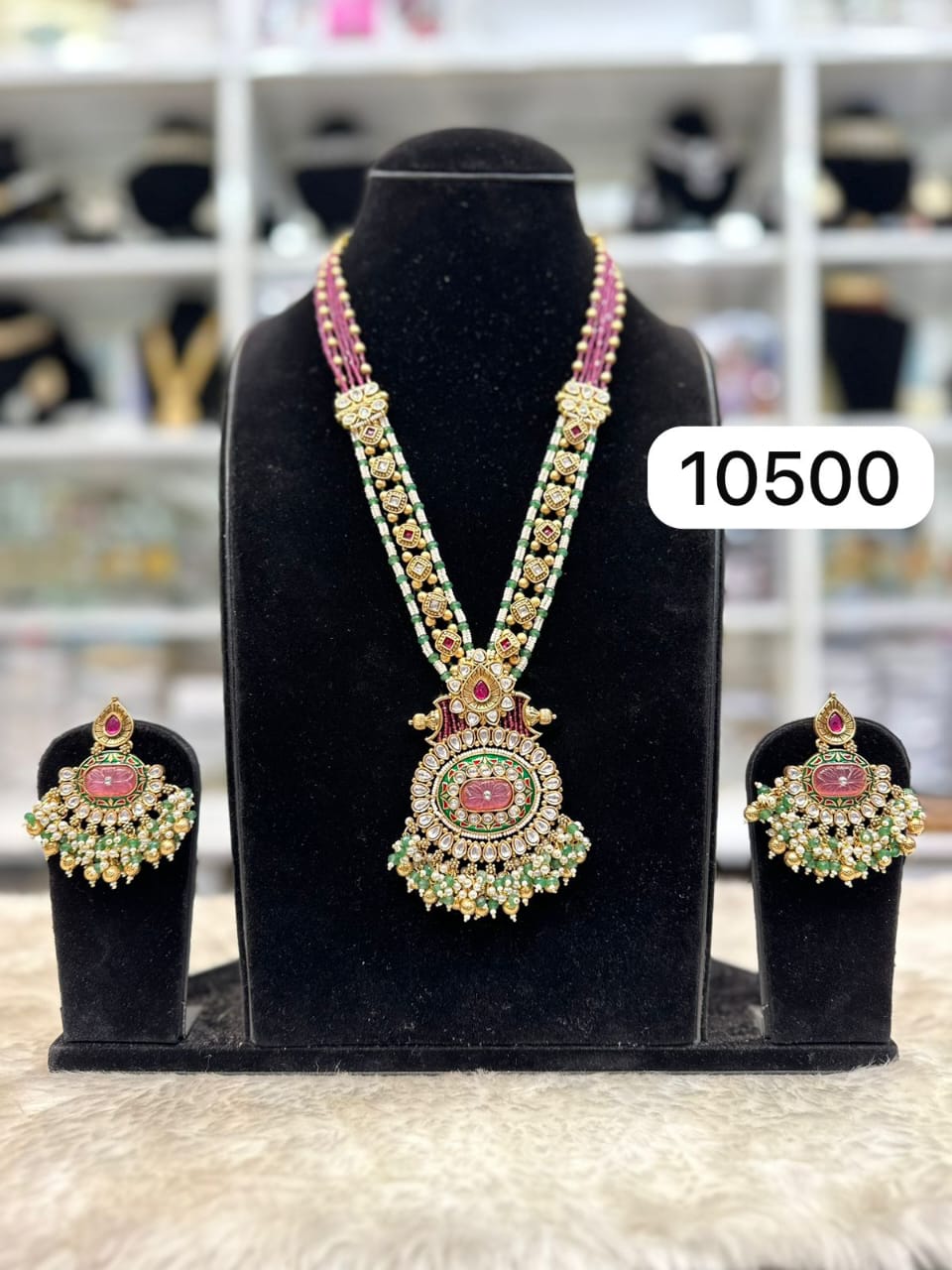 Pink Green Stone Pendant Set in Tablet Design – Real Look