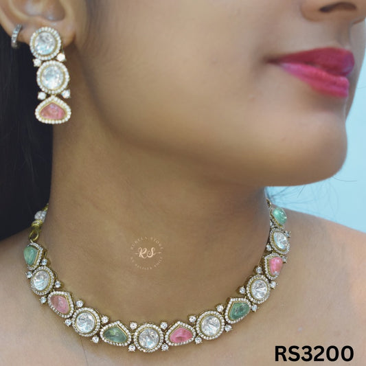 Real Look Moissanite Kundan Set – Green & Pink Stones