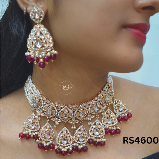 Elegant Rose Gold Polki Necklace Set – Ruby Highlights