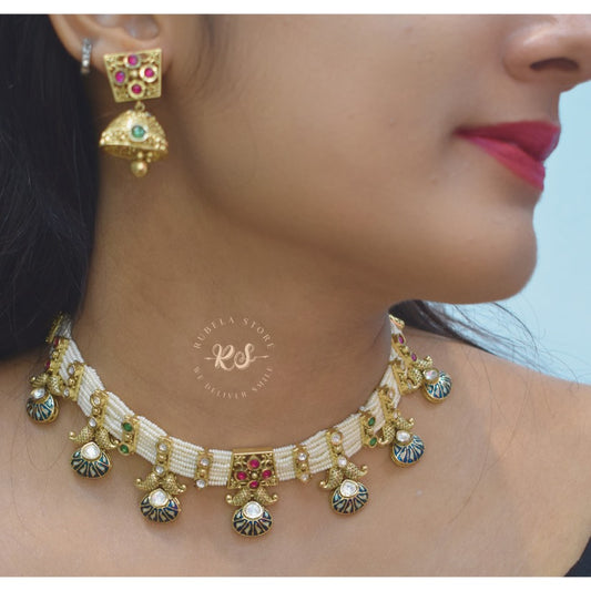 Traditional Pearl Set with Meena Kari – Real Gold Look