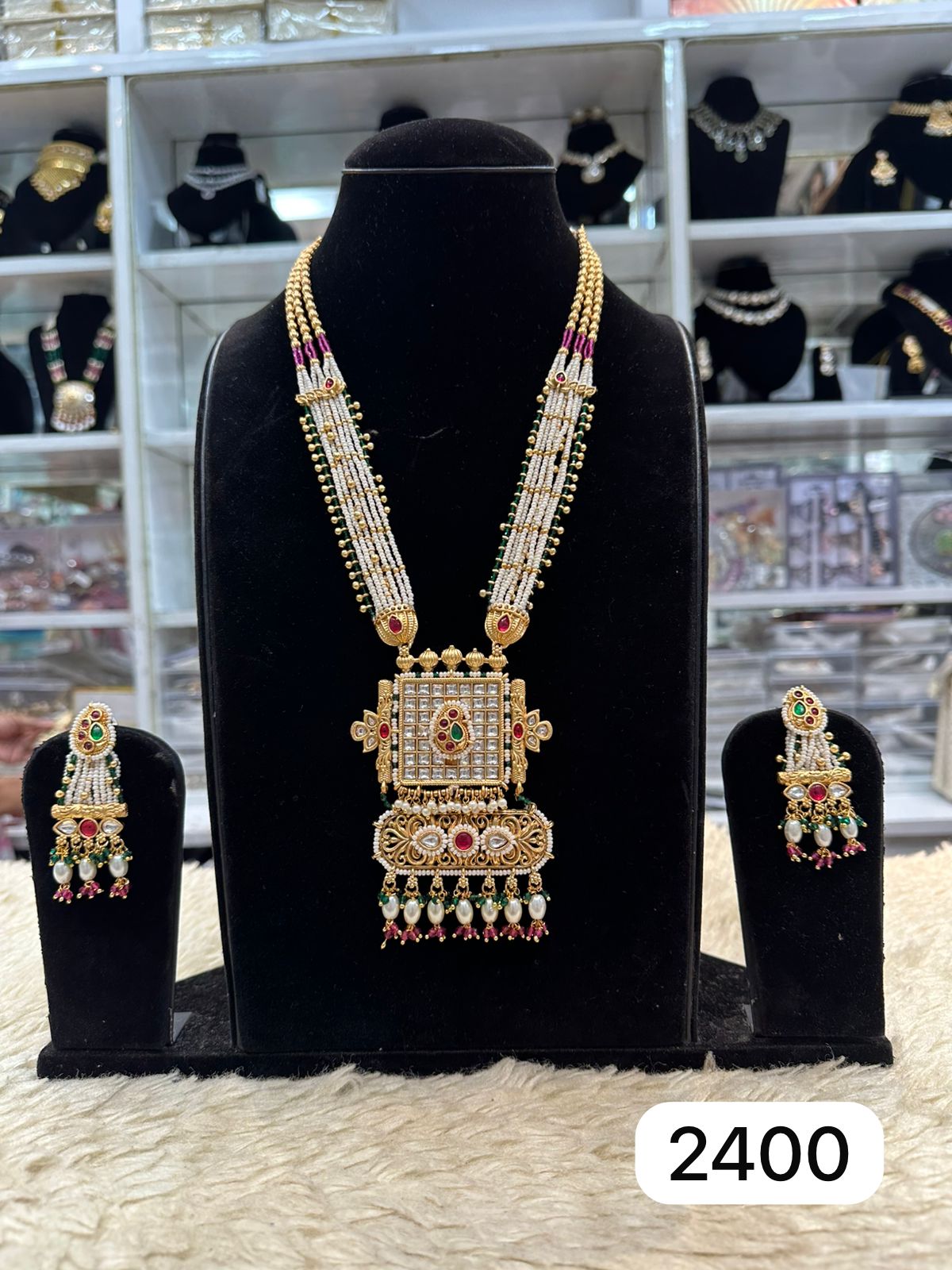 Original Gold Look Kundan Green Ruby Pendant Set