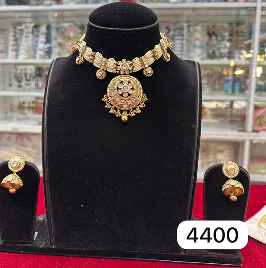 real‑look golden motif pearl (moti) choker set