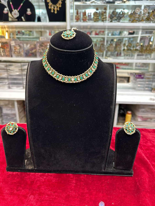 Real Look Dark Green Kundan Set