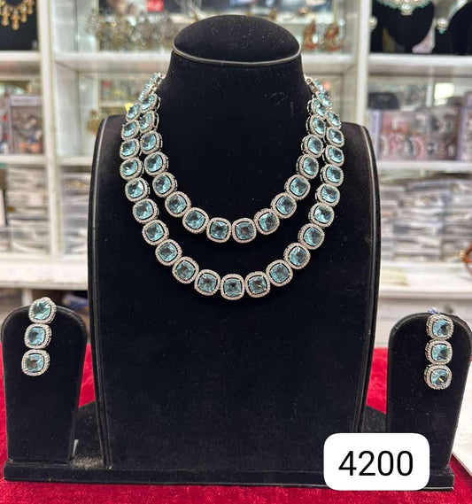 Elegant Diamond Look Sky Blue Double Layer Set
