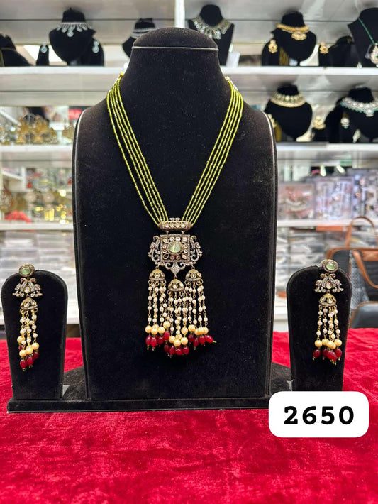 Premium Mehndi Green Moissanite Long Necklace Set